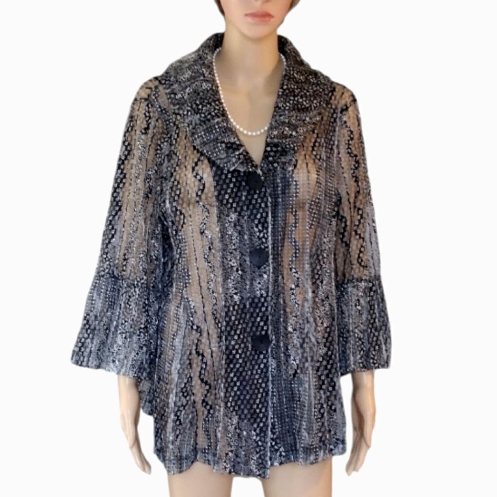 Damee Inc. Women's Size XL Sheer Black Button Up Textured Jacket Blouse